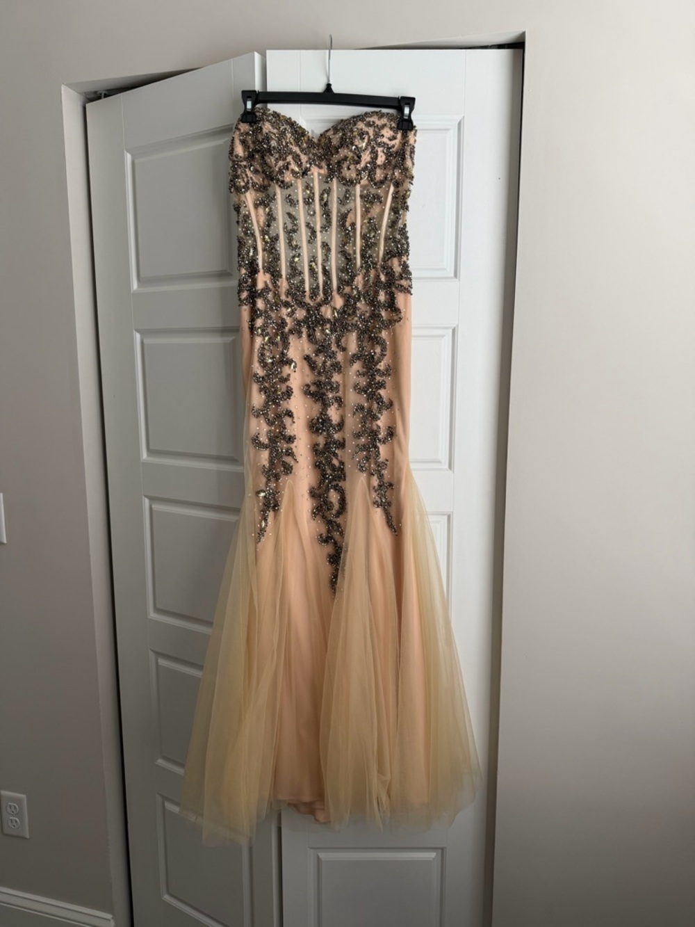 Jovani Nude Strapless Beaded Tulle Mermaid Gown